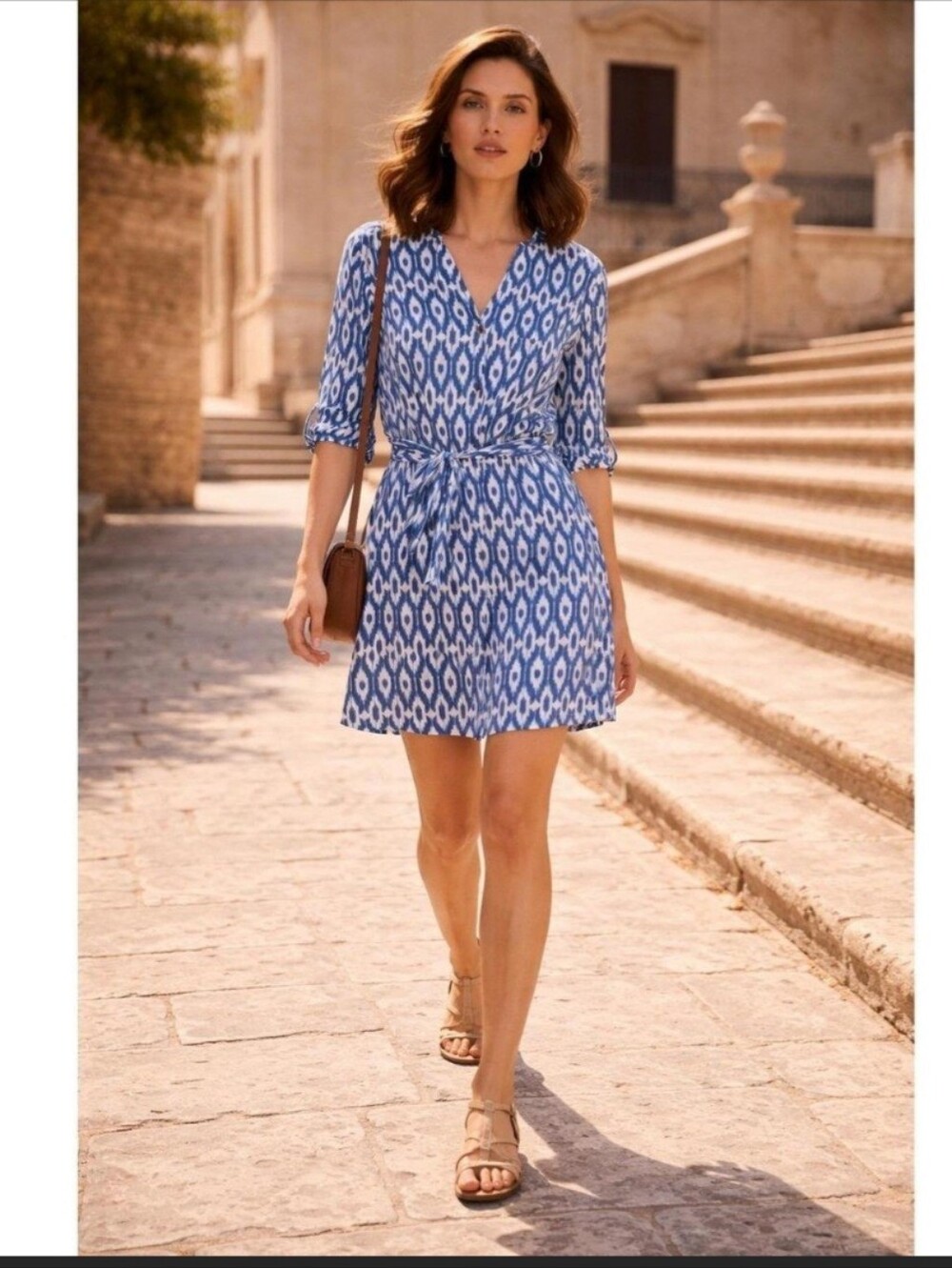 Maeve Blue Ikat Print V-Neck Tie-Waist Mini Dress